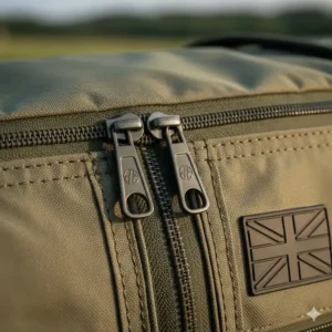 Detail shot of oversized, anti-corrosive heavy-duty zips on a premium British-designed rod holdall.