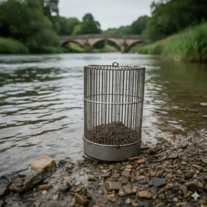A heavy-duty large cage feeder with a built-in weight for holding bottom in fast-flowing rivers.