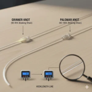 Technical illustration comparing the knot strength of different hooklength lines using a Grinner knot and a Palomar knot.