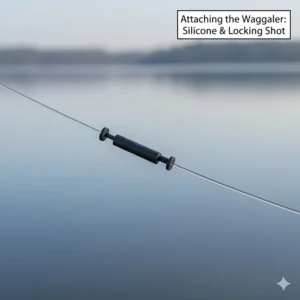 Detailed view of a waggler float attached to the mainline using silicone float attachments and locking shot.