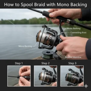 Diagram showing how to add monofilament backing to a fixed-spool reel before loading braided line for coarse angling.