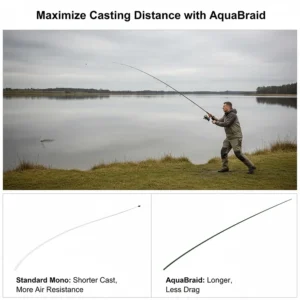 Graphic showing the aerodynamic benefits of using thin-diameter braided line for long-distance casting on large UK reservoirs.