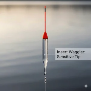 Close-up illustration of a crystal insert waggler float showing the sensitive tip for detecting shy bites from roach and rudd.