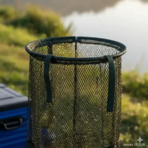 Close-up of pull-through handles on a competition keepnet to assist with safe fish handling during a UK match weigh-in.