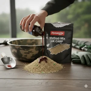 Pouring a bottle of sweet liquid attractor onto a dry method mix to increase its appeal for UK carp.