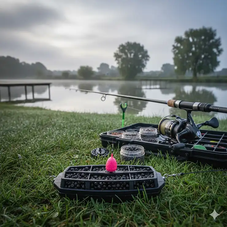 A flatbed method feeder loaded with micro pellets and a pink wafter hookbait, ready for carp fishing on a UK commercial fishery. method feeders