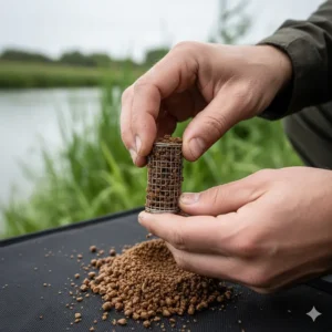 Close-up of an angler’s hands loading softened micro pellets into a small mesh cage feeder.