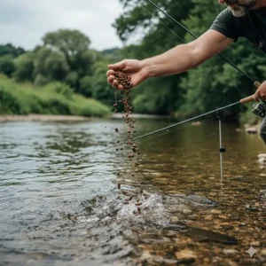 Alt text for image 7: An angler loose-feeding a handful of pellets into a clear British river to create a scent trail for barbel and chub in a natural swim.
