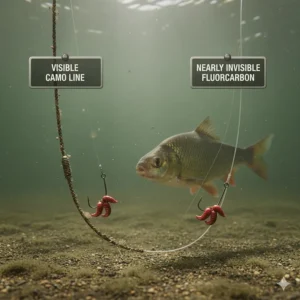 Illustration showing how clear fluorocarbon hooklength line becomes nearly invisible to fish in a typical UK silty-bottomed canal.