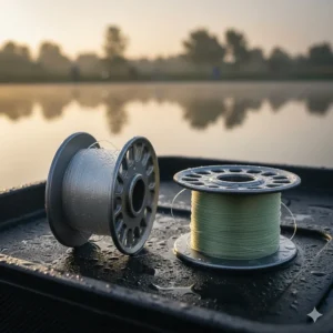 Two aluminium shallow spools for match fishing reels, showing thin diameter mono line for float work.