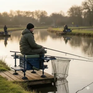 Alt text for image 9 A match fishing setup on a wooden platform featuring a budget seatbox, keepnet, and landing net at a UK commercial fishery.