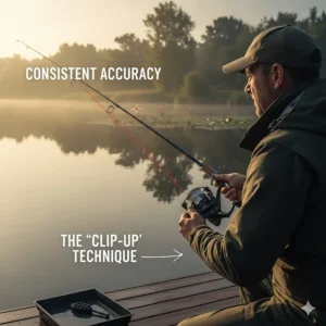Illustration showing a fisherman casting a method feeder toward a feature, using the reel line clip to ensure consistent accuracy in the same swim.