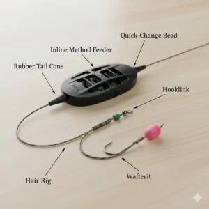 Technical diagram of a standard method feeder rig showing the inline feeder, rubber tail rubber, and a 4-inch braided hooklink with a hair rig.