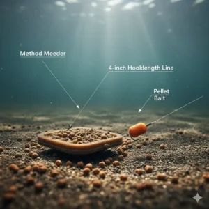 Diagram of a short 4-inch hooklength line attached to a Method feeder, a popular setup for British commercial carp fisheries.