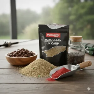 A collection of dry method mix ingredients including crushed pellets, fishmeal, and hemp seed common in UK angling.