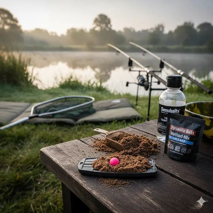 A perfectly prepared flatbed method feeder loaded with groundbait method mix on a wooden tackle bait table at a UK fishery. method mix UK