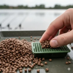 Alt text for image 2: Close-up of 2mm micro fishing pellets being carefully pressed into a small green bait mould for method feeder fishing on a UK commercial lake.