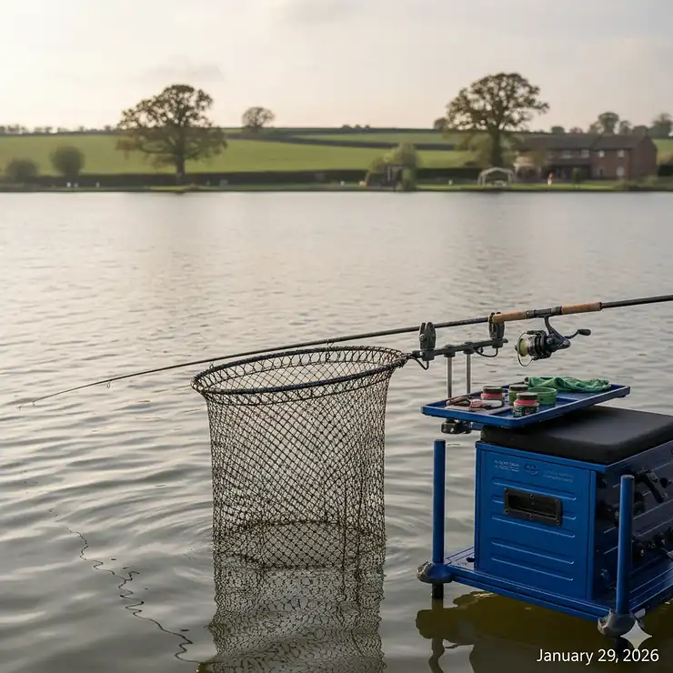 A professional match fishing setup on a UK commercial fishery showing two large micromesh keepnets positioned in the water. keepnets UK