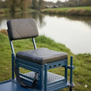 An ergonomic fishing seatbox featuring a gel-padded cushion and folding backrest for comfort during long match sessions.