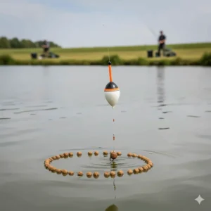 Alt text for image 8: A pellet waggler float sitting on the water's surface with a ring of loose-fed pellets around it, demonstrating a popular summer carp fishing tactic in the UK.