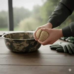 A close-up of a hand squeezing a ball of method mix to demonstrate the ideal breakdown texture for UK lake beds.