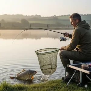An angler using a match fishing reel to play a double-figure carp into a landing net at a British fishery.