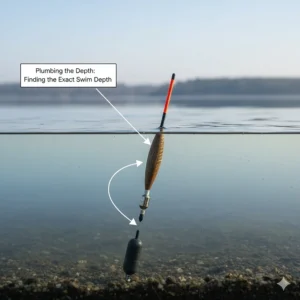Technical diagram showing how to use a plummet with a waggler float to accurately find the depth of a swim.