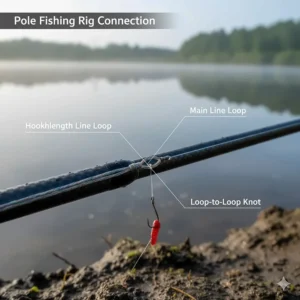 Close-up illustration of a loop-to-loop connection between a main reel line and a finer hooklength line for match fishing.