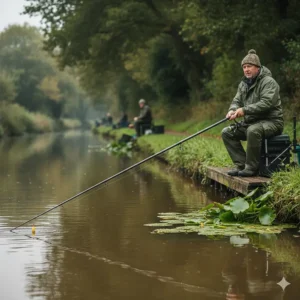 An angler using a long pole to ship out a single grain of sweetcorn near lily pads on a British canal.