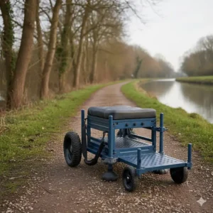 A lightweight fishing seatbox with a sliding footplate and transport wheels, ideal for navigating narrow British canal paths.