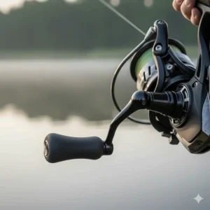 Ergonomic handle of a feeder reel designed for high torque and power retrieve.