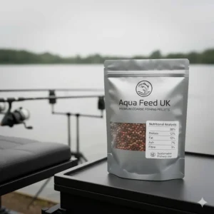 Alt text for image 5: A silver resealable bag of premium coarse fishing pellets showing a clear nutritional analysis label, positioned on a fishing seat box side tray.