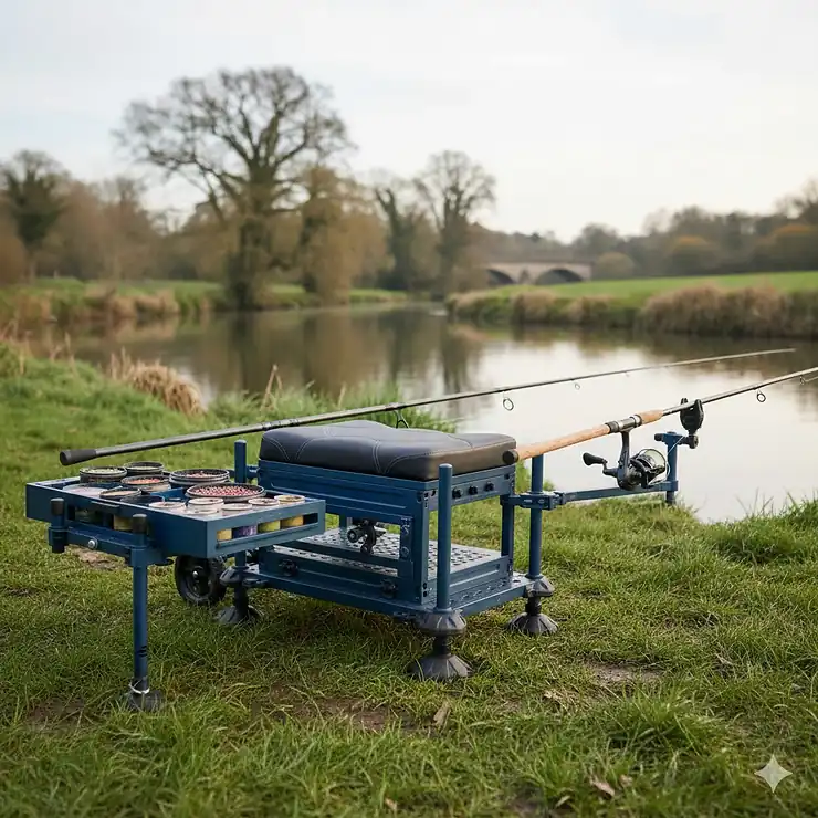 A professional match fishing seatbox set up on a riverbank peg in the UK, featuring integrated side trays and a padded pole seat. fishing seatbox UK