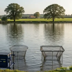 Comparison of rectangular keepnets for stability in UK river currents versus traditional round frames for stillwater.