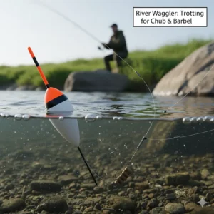 Illustration of a heavy-duty waggler float rigged for trotting on a UK river for species like chub and barbel.