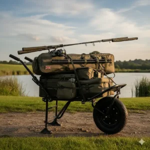 A fully loaded rod holdall strapped securely onto a fishing barrow prepared for a weekend session.