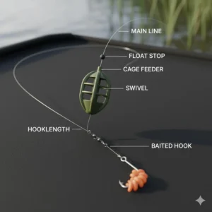 A clear diagram of a standard running feeder rig using a small cage feeder and a float stop.