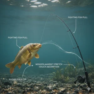 High-visibility orange monofilament fishing line used as a shock leader for beach casting on the British coast.
