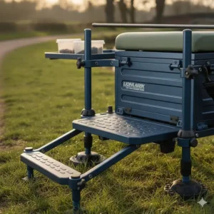 Alt text for image 5 A retractable folding footplate on a seatbox under 150 pounds providing additional comfort and support for long session match fishing.