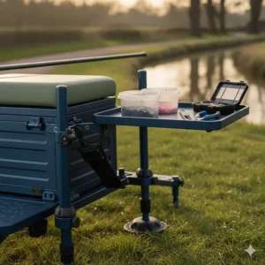 Alt text for image 6 A universal side tray attachment fixed to a seatbox leg holding bait tubs and essential angling tools.