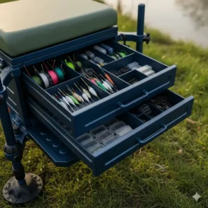Alt text for image 2 Internal view of deep tackle storage drawers in a budget seatbox showing organised pole floats, winders, and terminal tackle boxes.