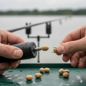 Alt text for image 4: Softened expander pellets being prepared with a pellet pump, showing the ideal spongy texture for use as hook bait for bream and tench.