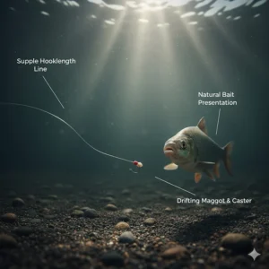 Illustration showing how a supple hooklength line allows a maggot or caster hookbait to move naturally in the water column.