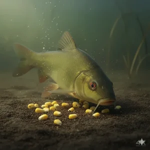An illustration of a tench feeding on a bed of sweetcorn and hemp seed on a silty UK lake bed.