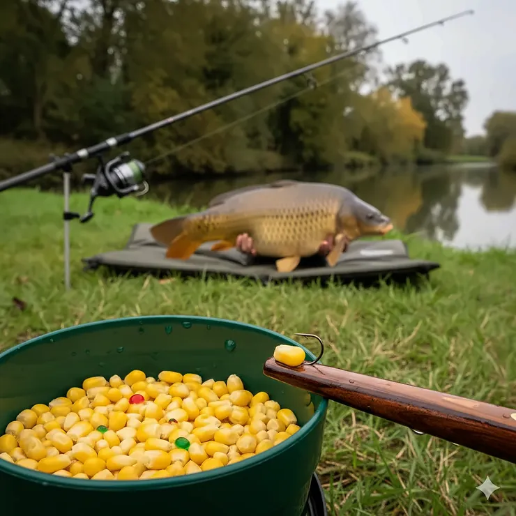 A close-up of bright yellow sweetcorn grains in a green bait tub on a grassy riverbank, a popular choice for coarse fishing in the UK. sweetcorn for fishing UK