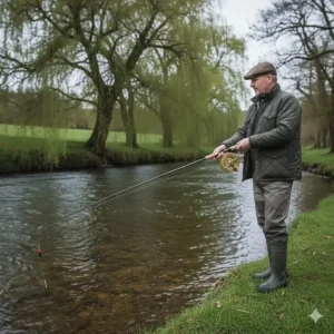 An angler using a centrepin reel to trot a float down a steady river current for grayling and roach.