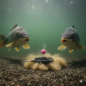Illustration of a method feeder on a gravel lake bed with a pile of broken-down groundbait surrounding a prominent hookbait.