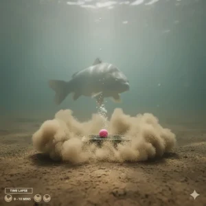 An illustrated diagram showing how a method mix breaks down on the bottom of a silt-heavy UK pond over ten minutes.