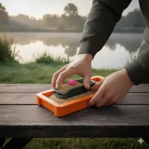 A person using a bright orange feeder mould to compress method mix around a hookbait and feeder.