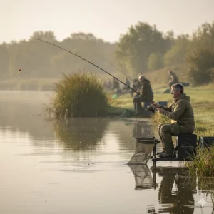 An angler casting a waggler float towards an island on a typical UK commercial carp fishery during a match.